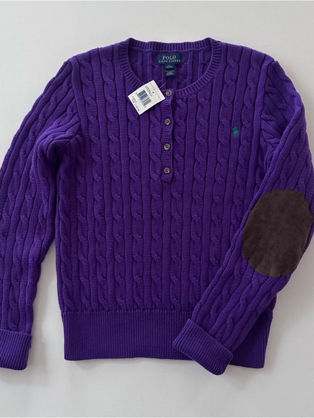 Polo Ralph Lauren Girls 12-14 Purple Cable-Knit Henley Sweater Elbow Patch NWT